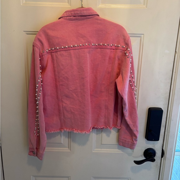 Anthropologie Savanna Jane Pink Jean Jacket with Pearl Details - Picture 3 of 5